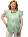 Eyelet Flutter Sleeve Top in White/Green