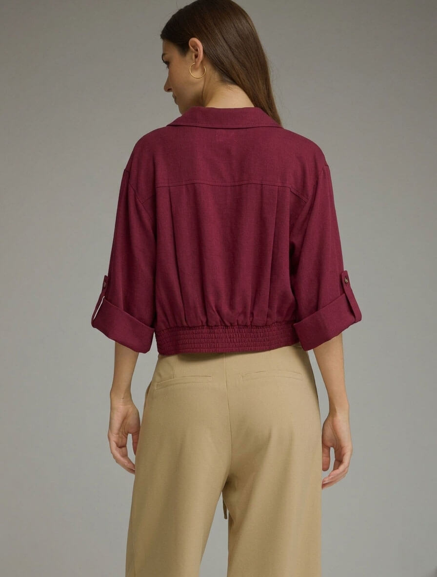 Solid 3/4 Roll-Tab Sleeve V-Neck Top