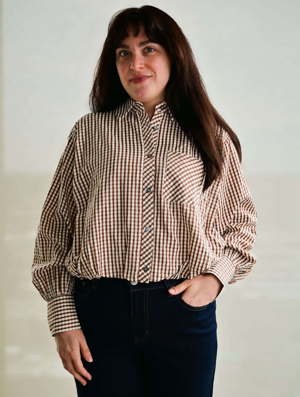 Gingham Bubble Hem Blouse