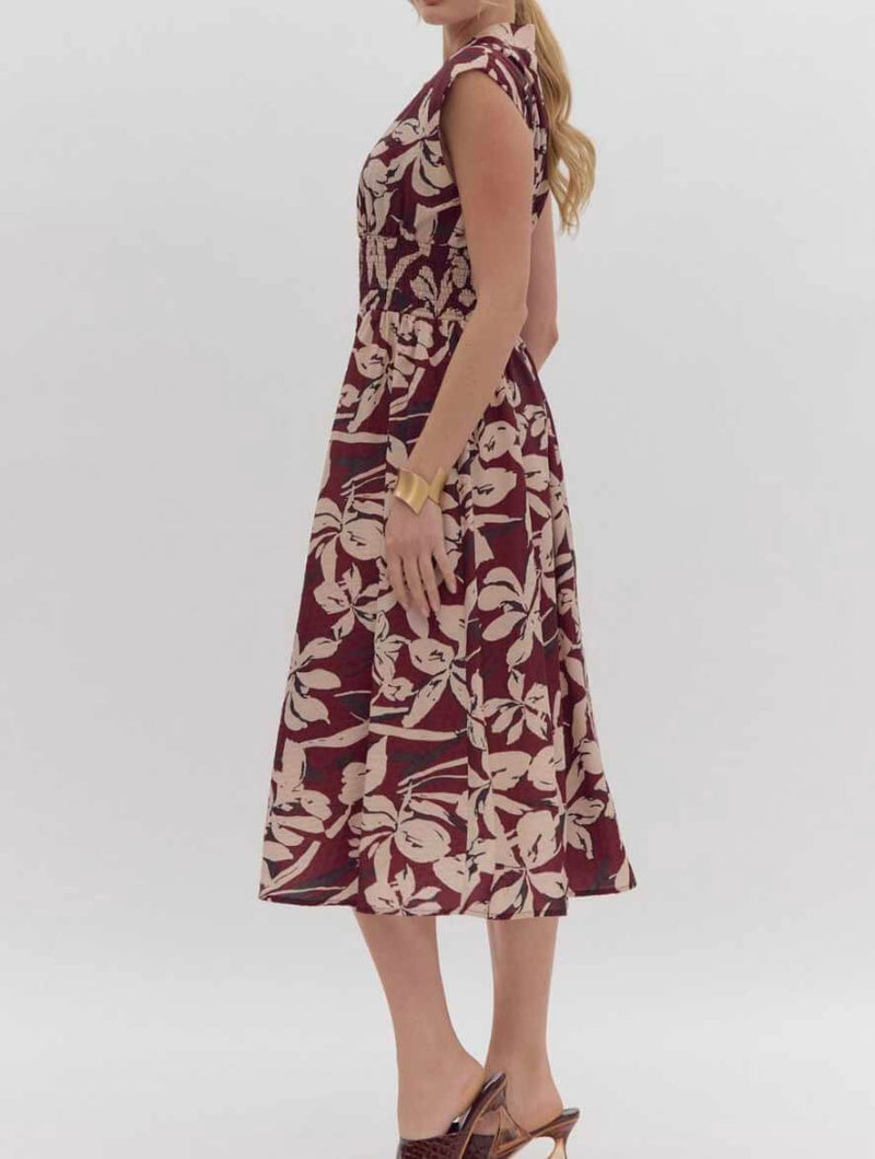 Floral Print Sleeveless Midi Dress with Zip Detail