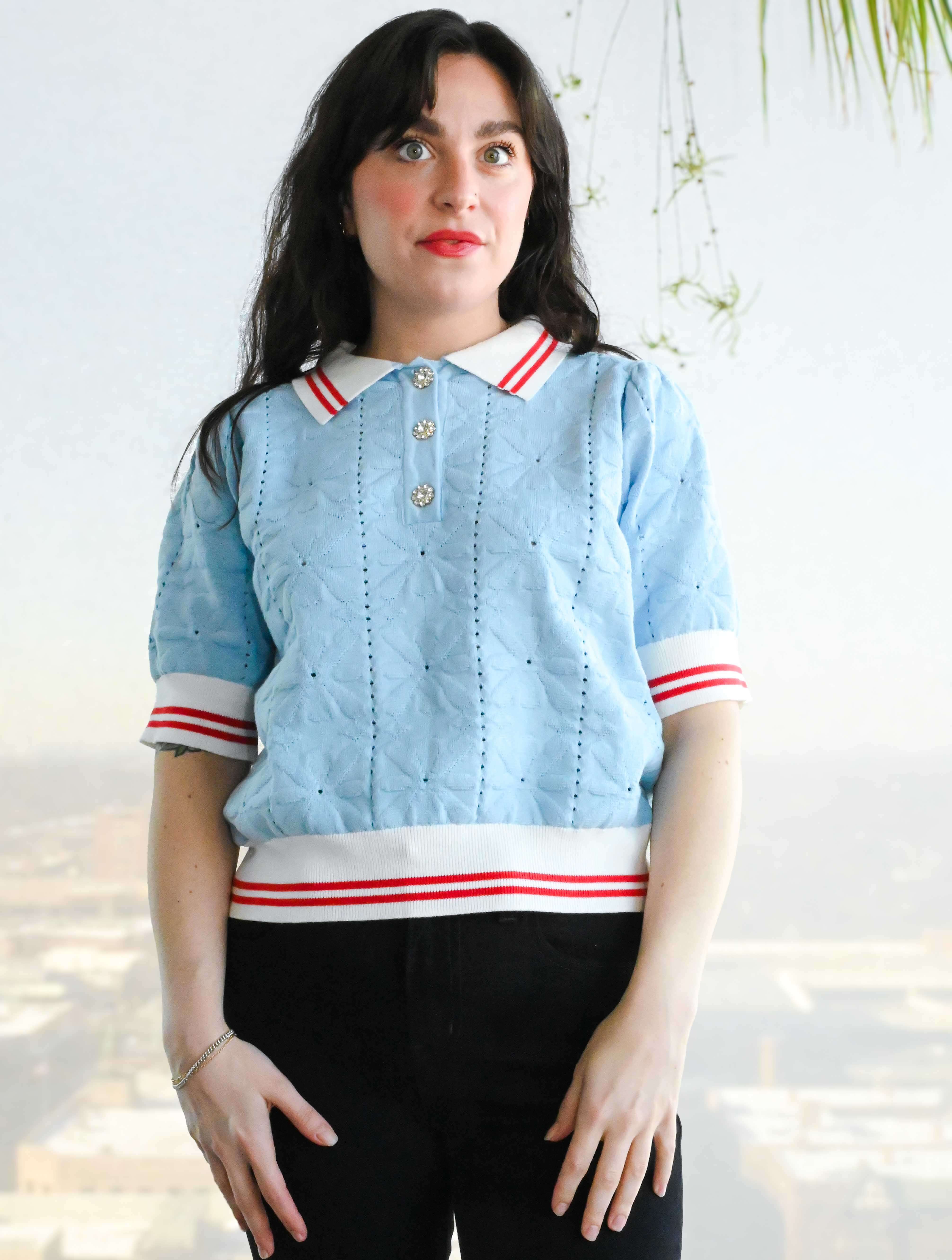 Textured Knit Short Puff Sleeve Top with Contrast Collar