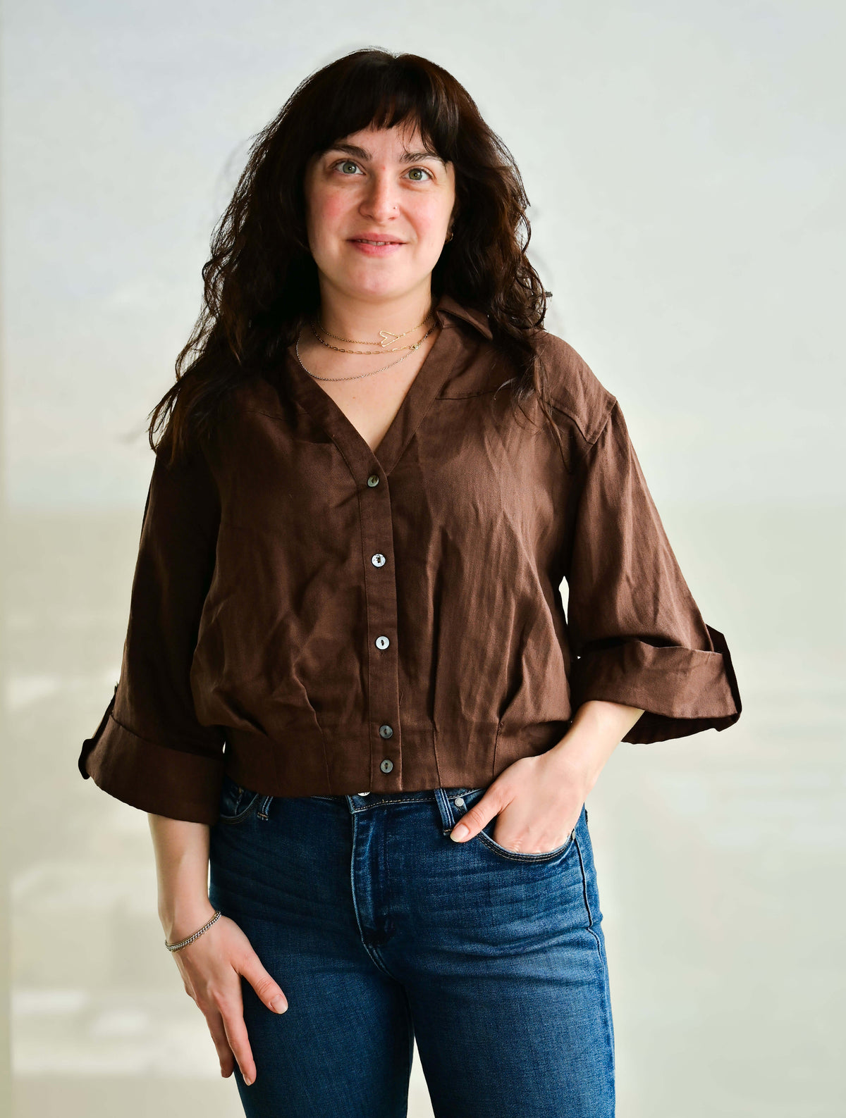 Solid 3/4 Roll-Tab Sleeve V-Neck Top
