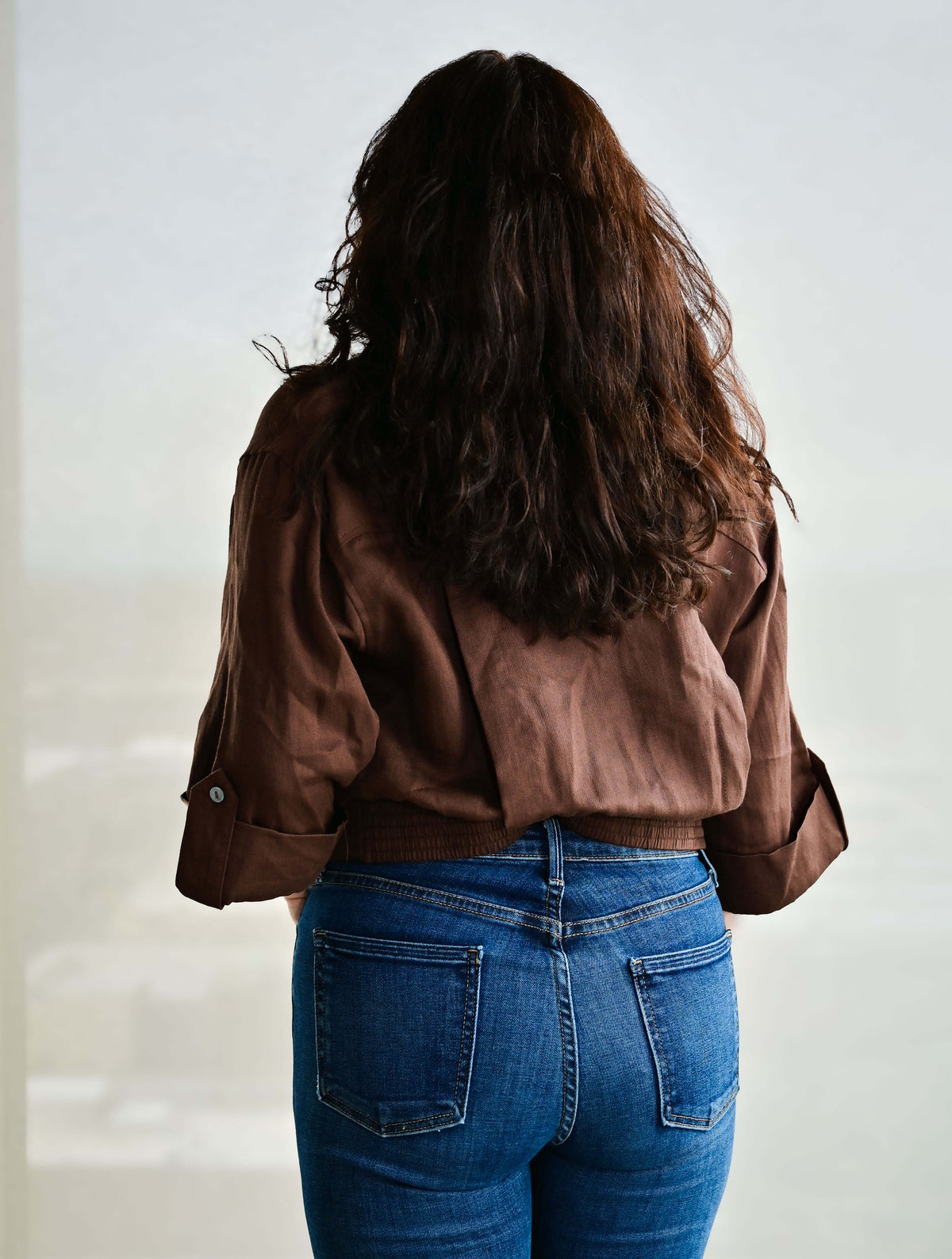 Solid 3/4 Roll-Tab Sleeve V-Neck Top