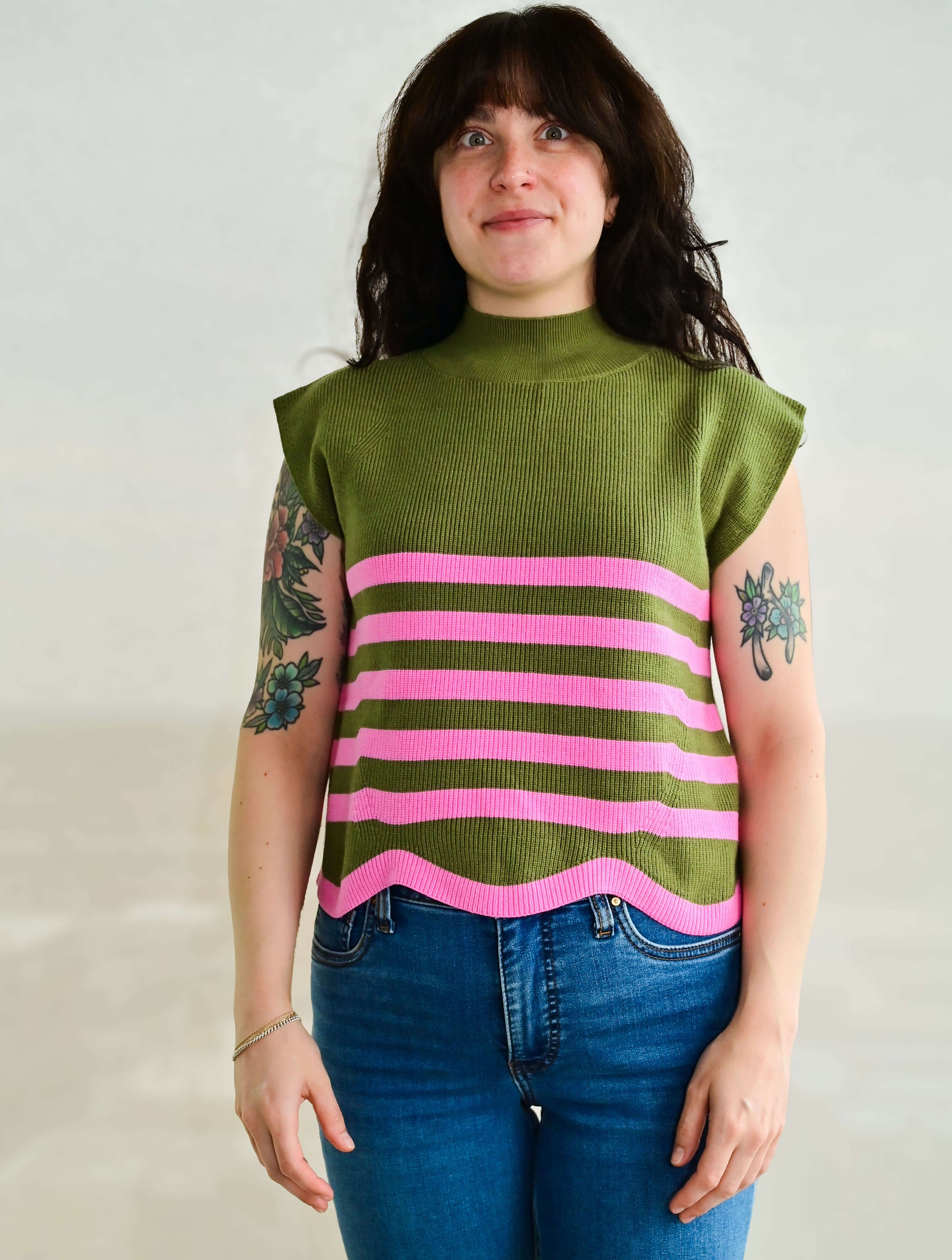 Striped Short Sleeve Mock Neck Top