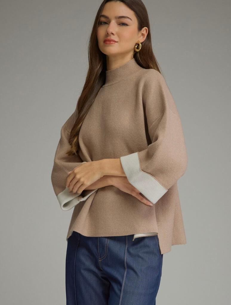 Mock Neck Sweater with Contrast Cuffs