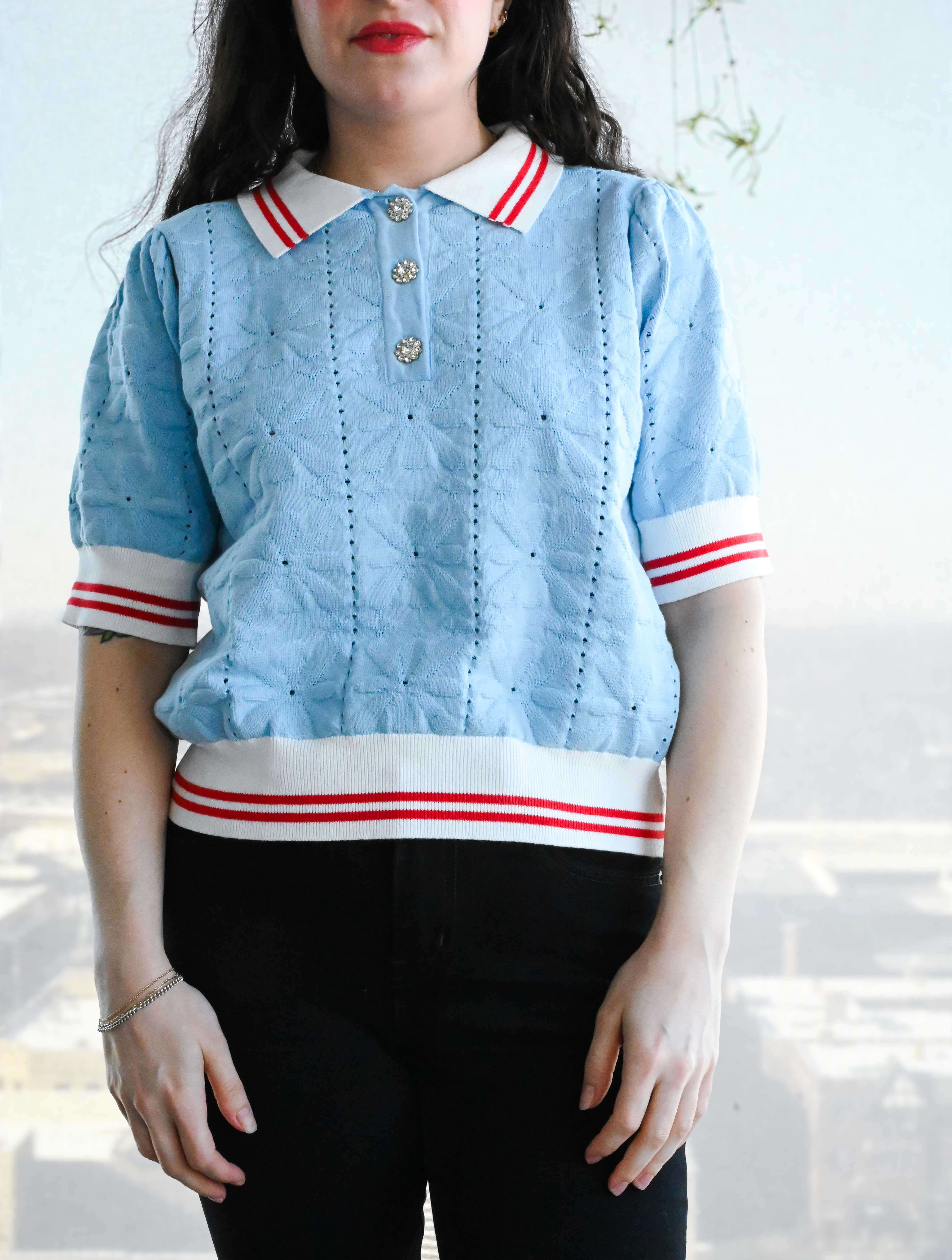 Textured Knit Short Puff Sleeve Top with Contrast Collar