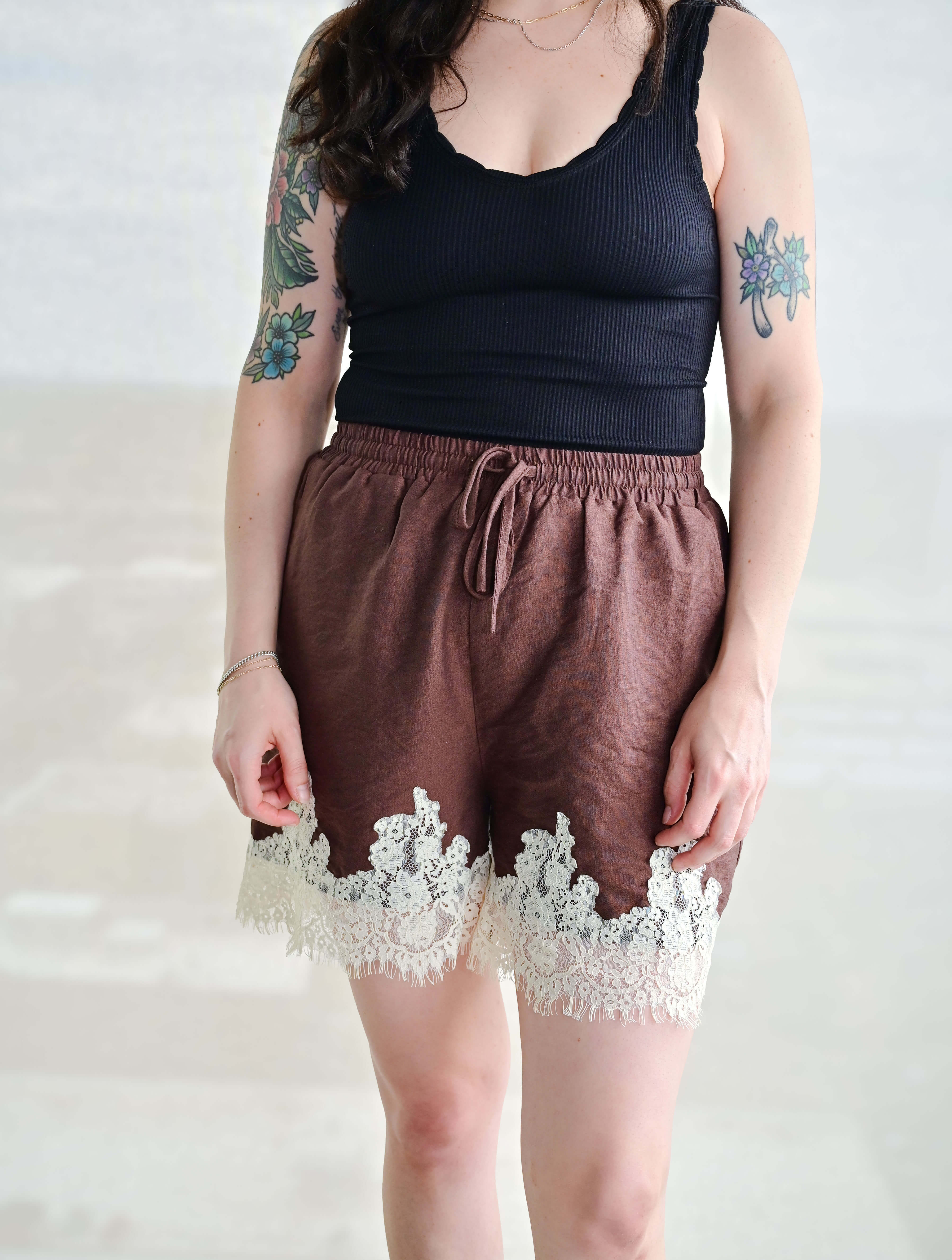 Drawstring Shorts with Lace Trim