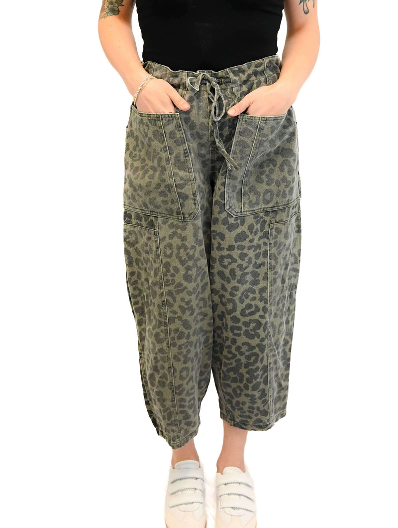 Leopard Print Mid Rise Utility Jeans with Drawstring