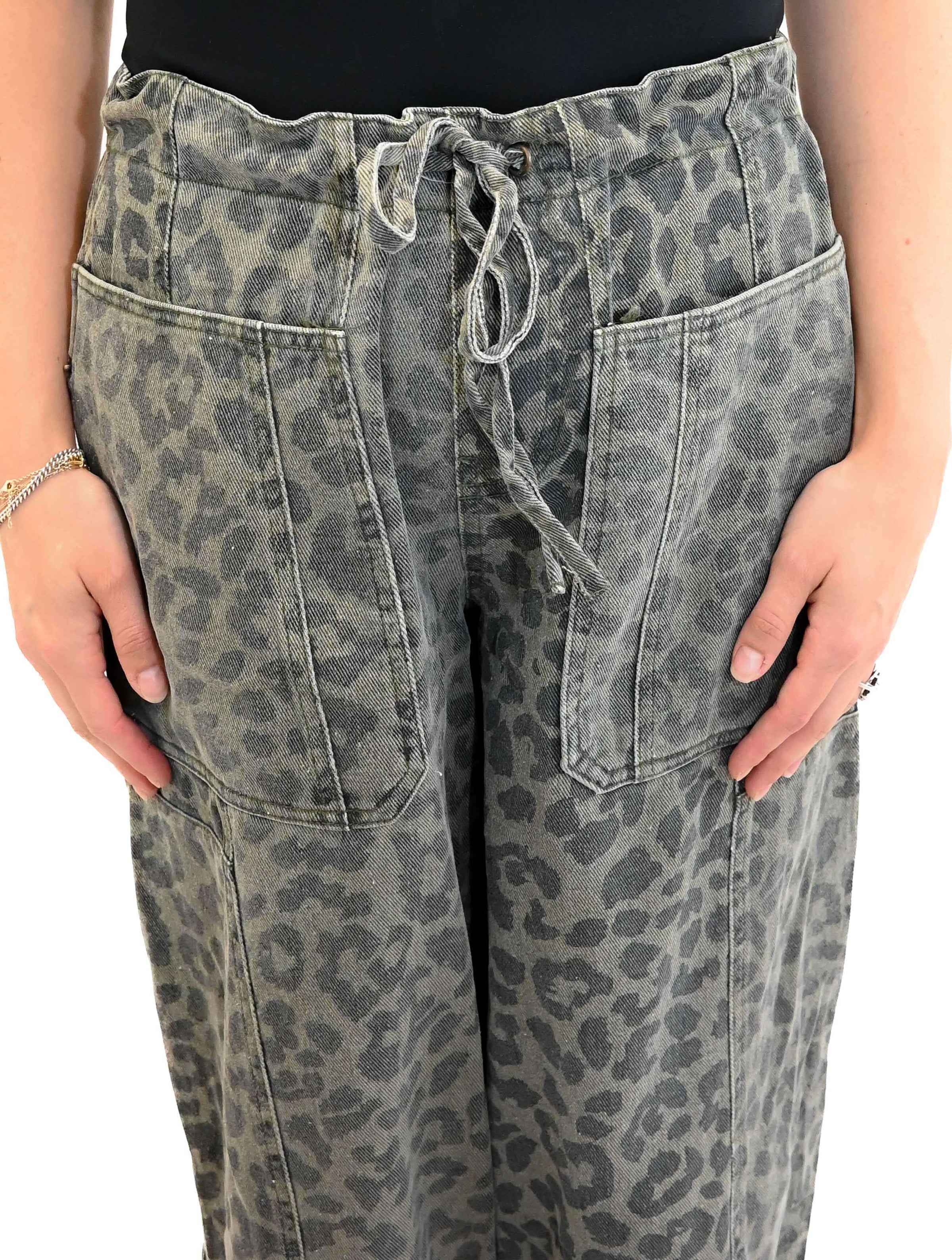 Leopard Print Mid Rise Utility Jeans with Drawstring