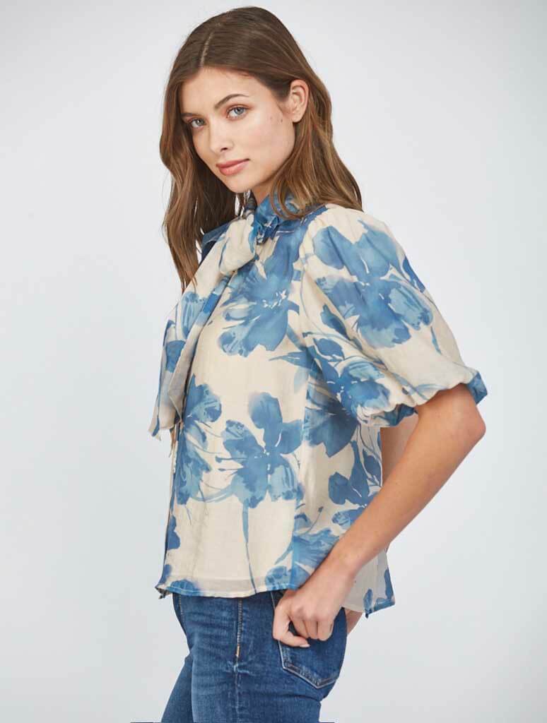 Removable Neck Tie Lantern Sleeve Blouse