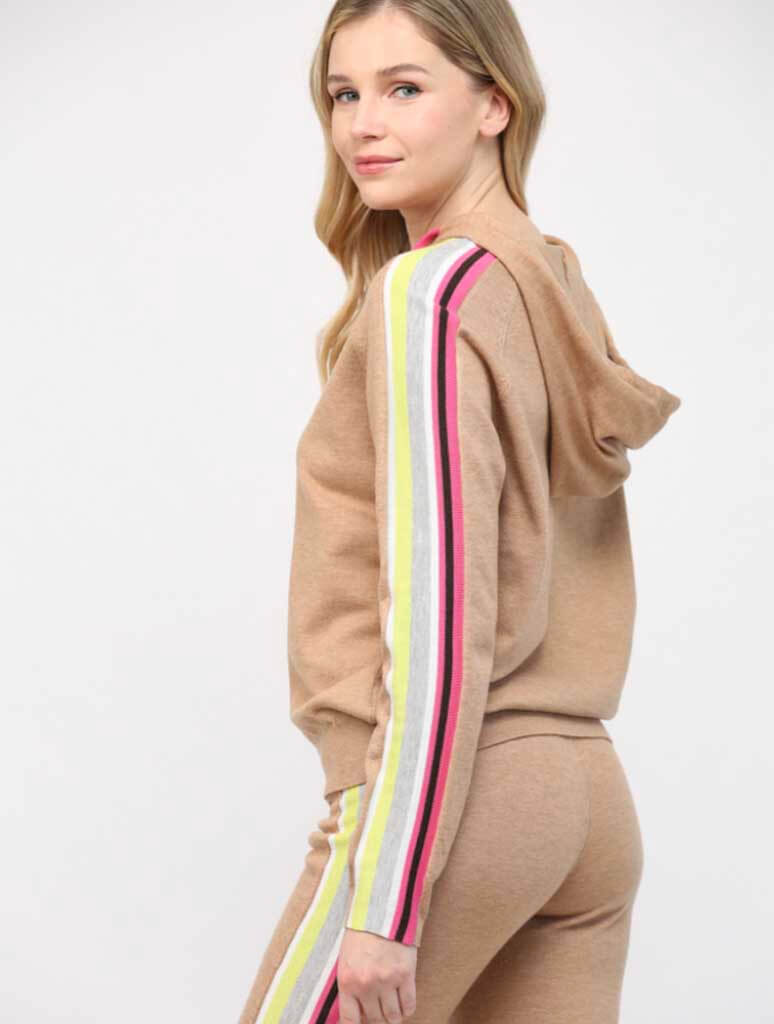 Contrast Stripe Hooded Sweater in Latte Multi