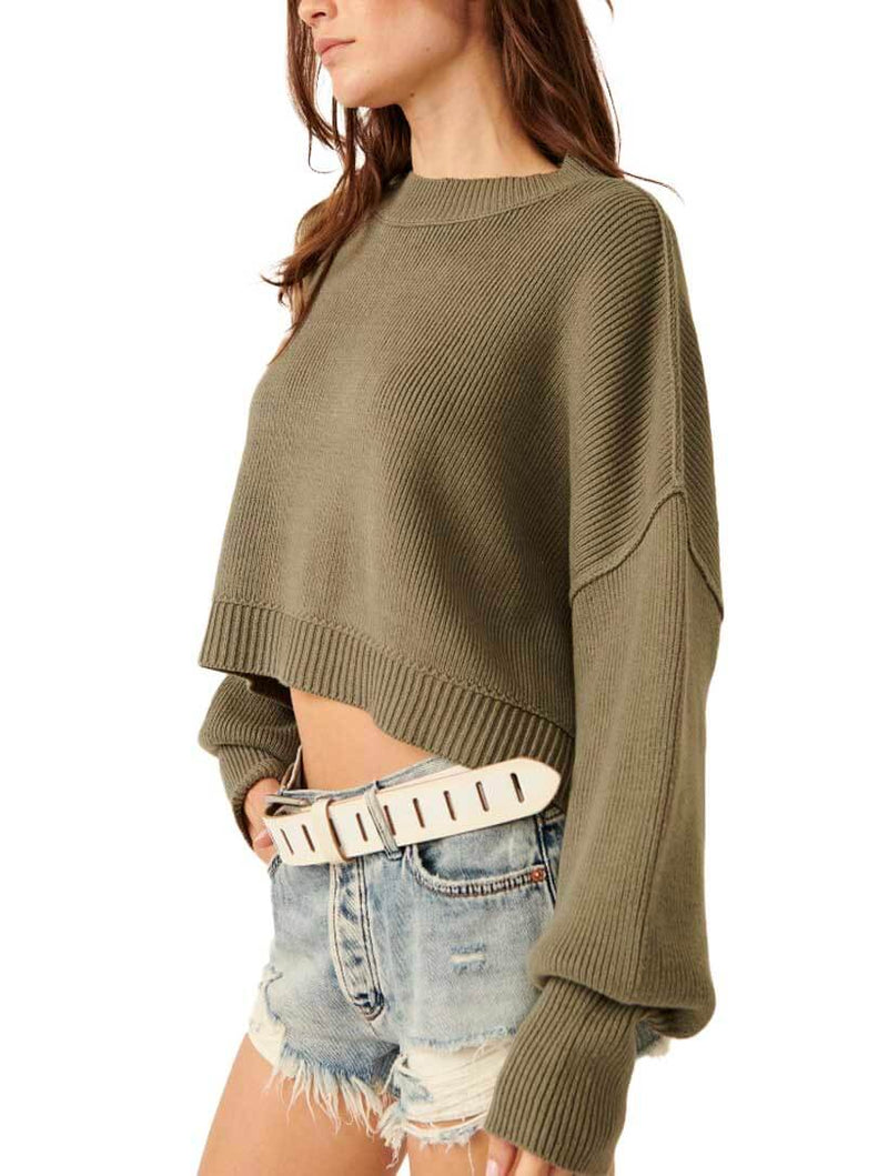 Free People Easy Street Cropped Sweater in Dried Basil Green