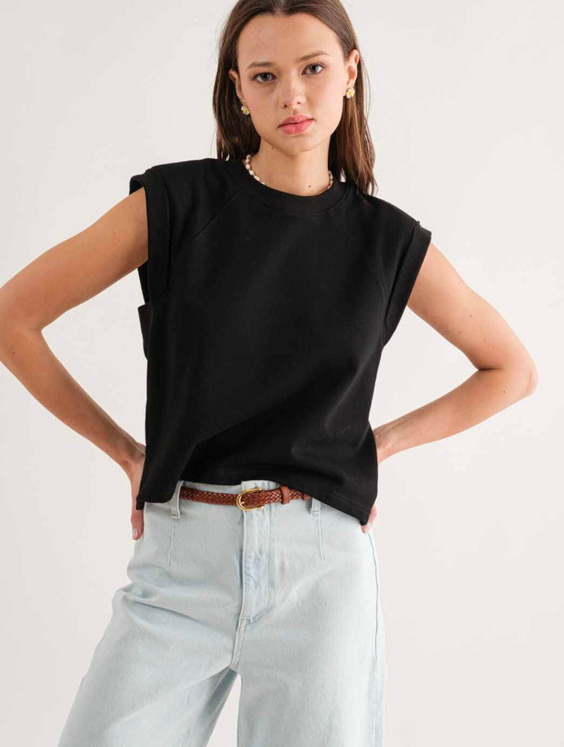 Padded Shoulder Crewneck Top in Black