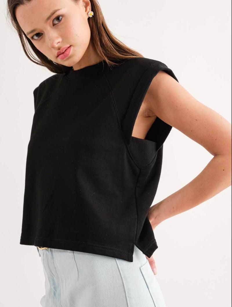 Padded Shoulder Crewneck Top in Black