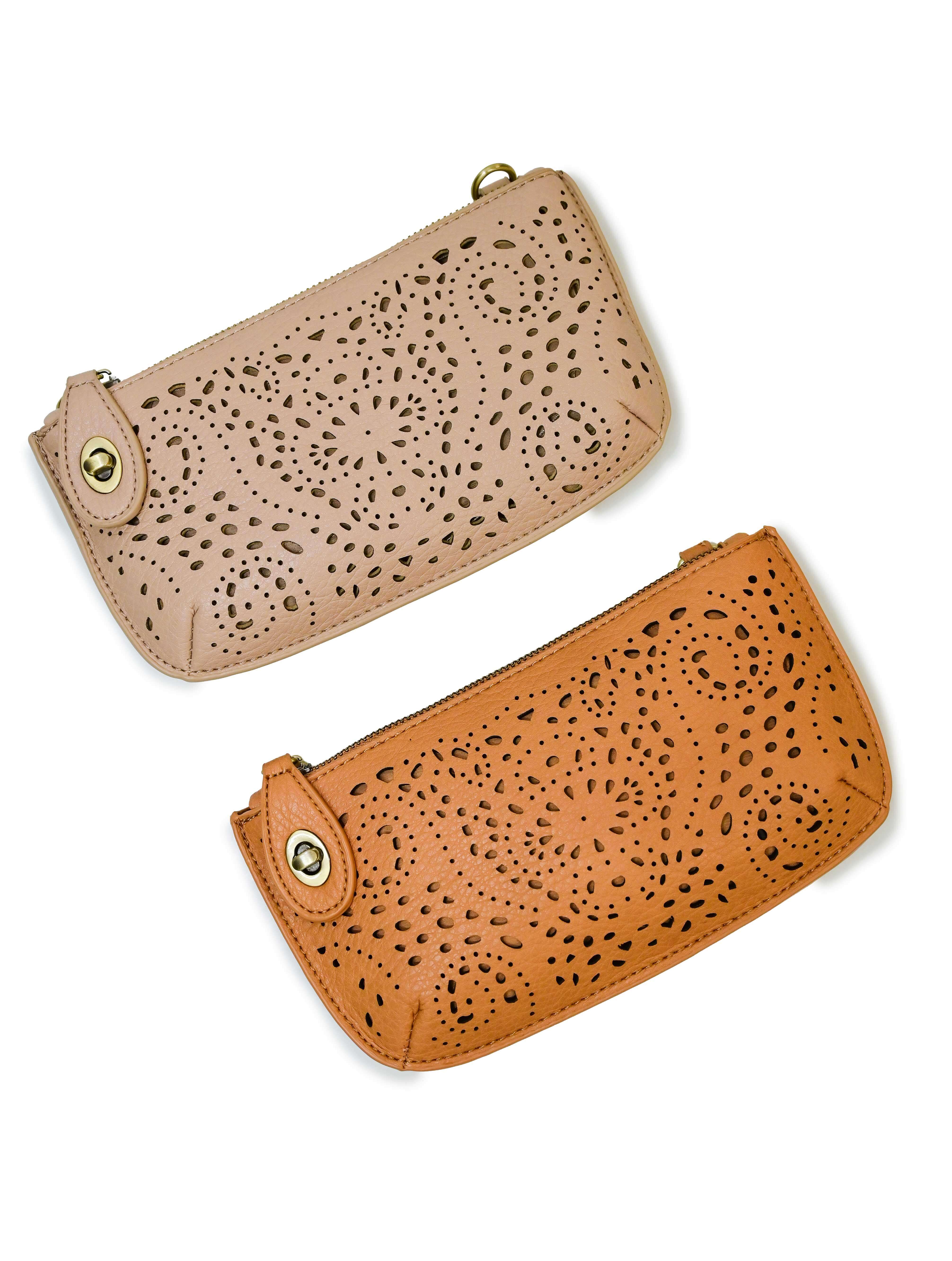 Lazer Cut Eyelet Mini Wristlet Crossbody Clutch