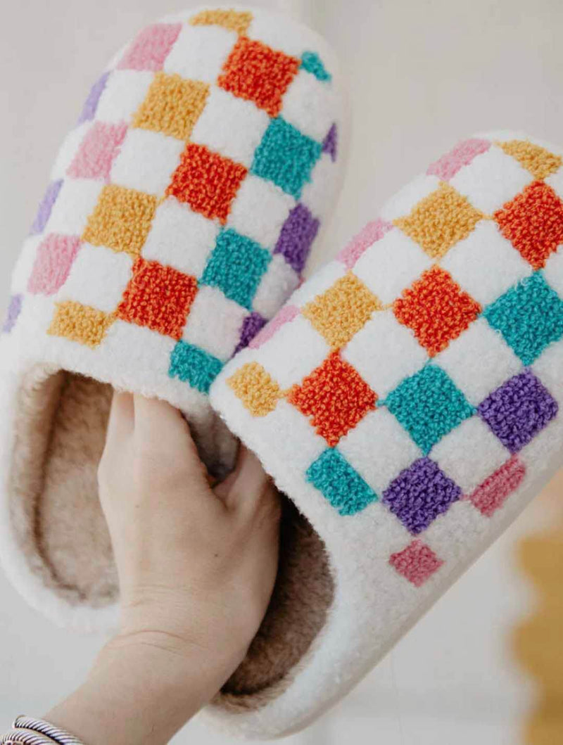 Multicolored Checkered Pattern Fuzzy Slippers in White