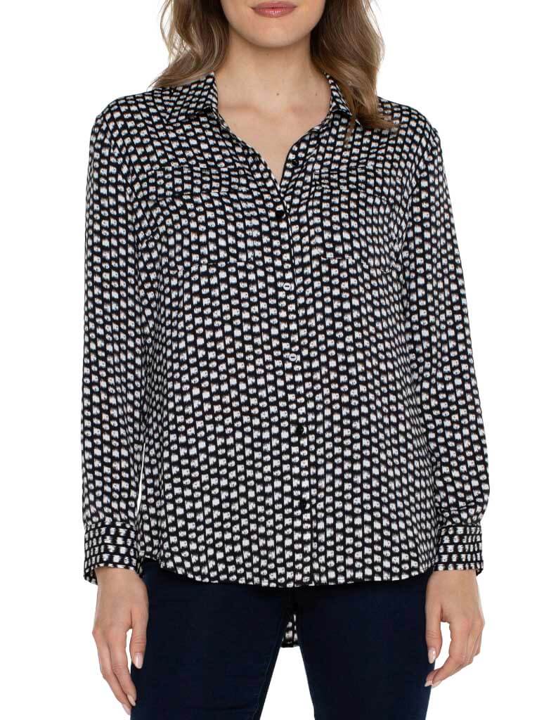 Liverpool Flap Pocket Button Front Woven Blouse in Black/White Mini Dot