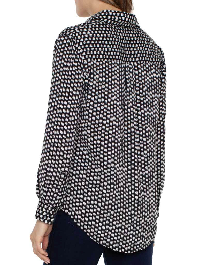 Liverpool Flap Pocket Button Front Woven Blouse in Black/White Mini Dot