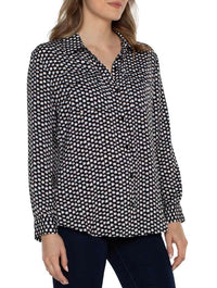 Liverpool Flap Pocket Button Front Woven Blouse in Black/White Mini Dot