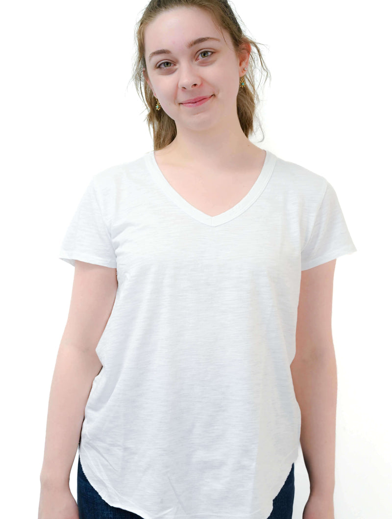 V-Neck Tee W/ Curve Hem in White