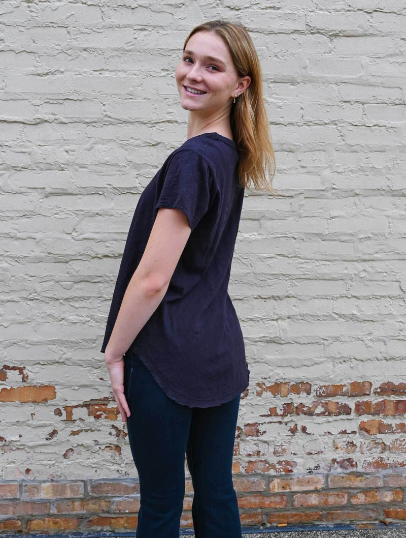 V-Neck Tee W/ Curved Hem in Grit Gray