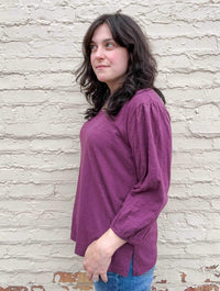 3/4 Shirred Sleeves Scoop Neck Top in Passion Plum