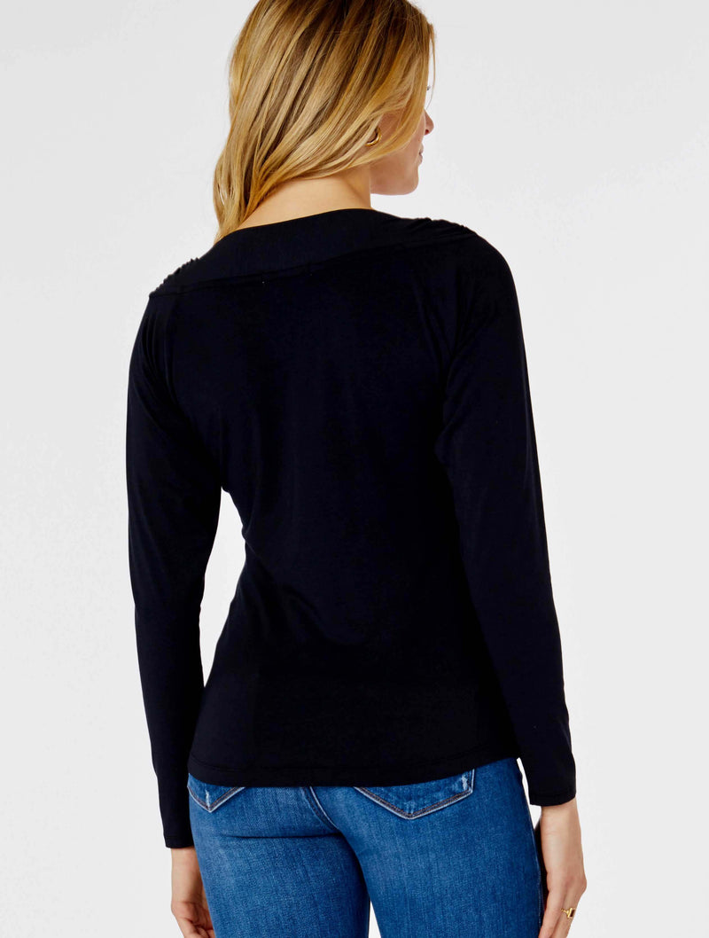 Long Sleeve Gathered Wide V-Neck in Black