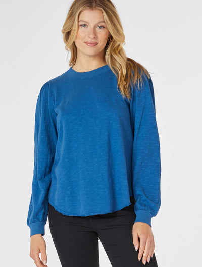 Long Sleeve Shirred Crew Top in River Run