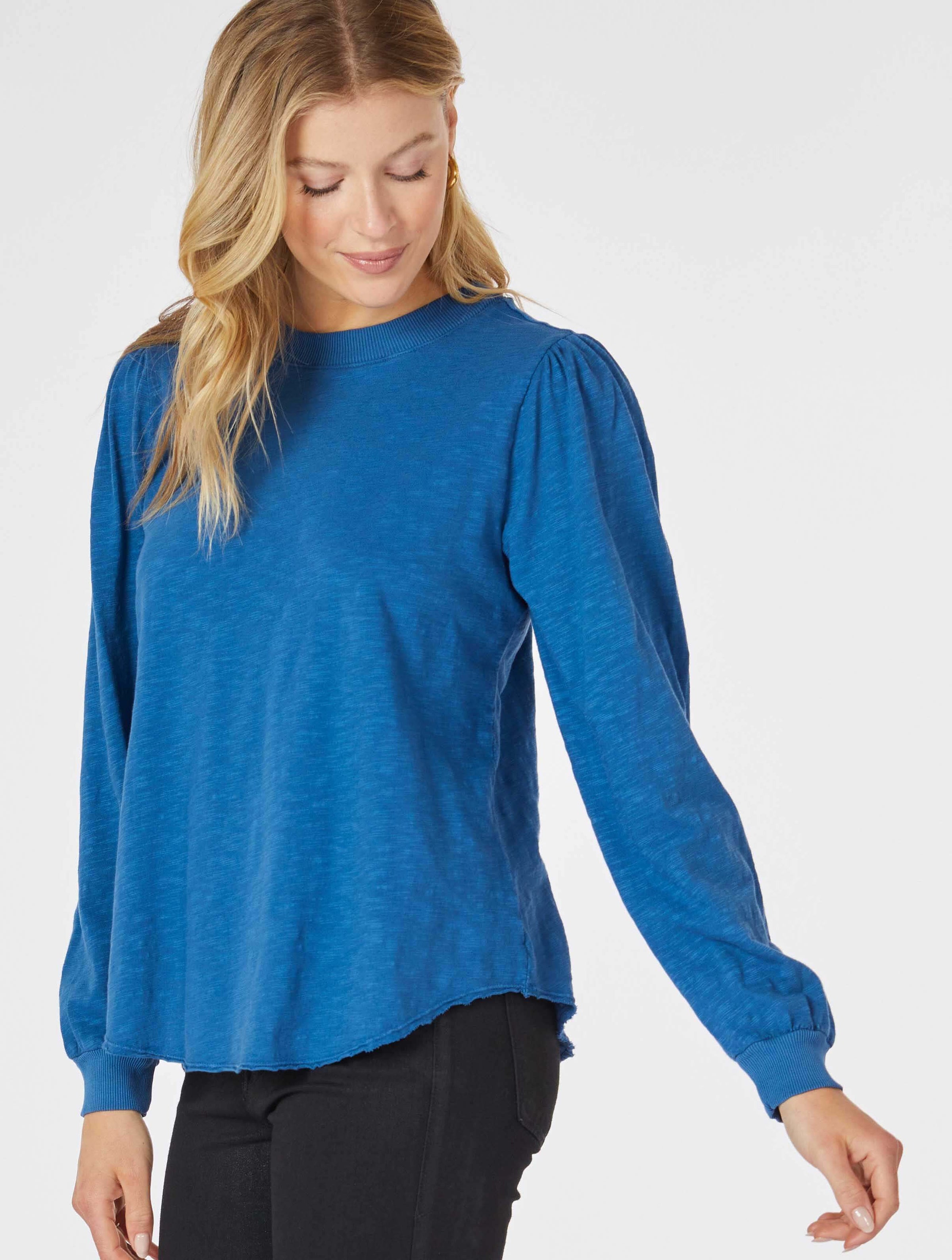 Long Sleeve Shirred Crew Top in River Run