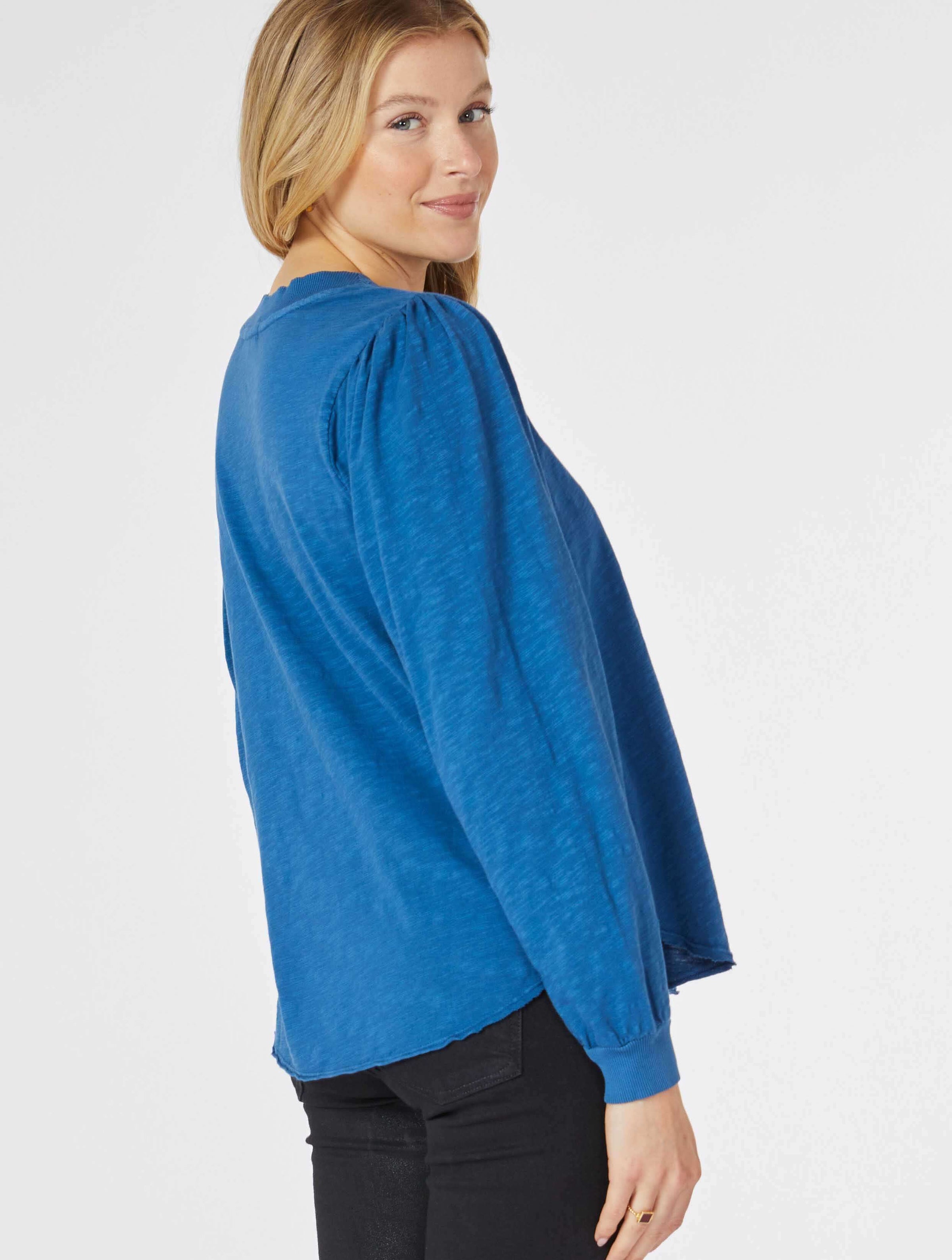 Long Sleeve Shirred Crew Top in River Run