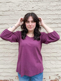 3/4 Shirred Sleeves Scoop Neck Top in Passion Plum