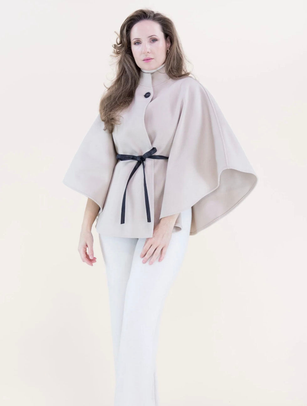 Funnel Neck Faux Leather Belted Cape