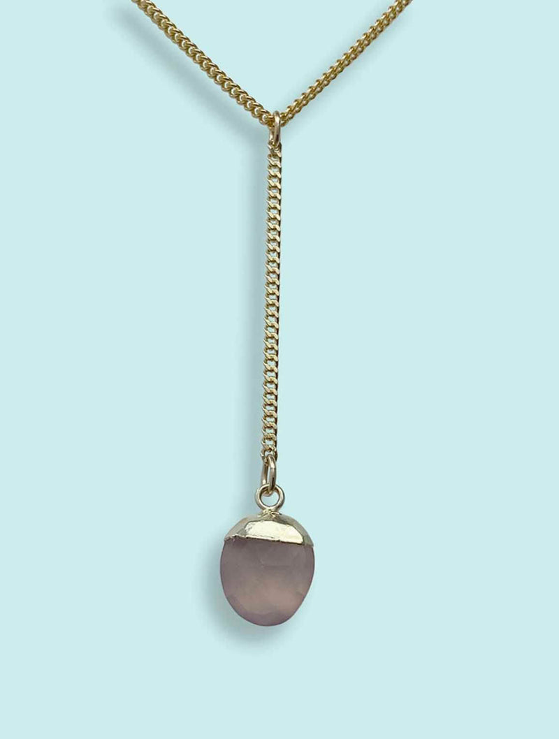 Faceted Pink Chalcedony Stone Y-Drop Necklace in Gold