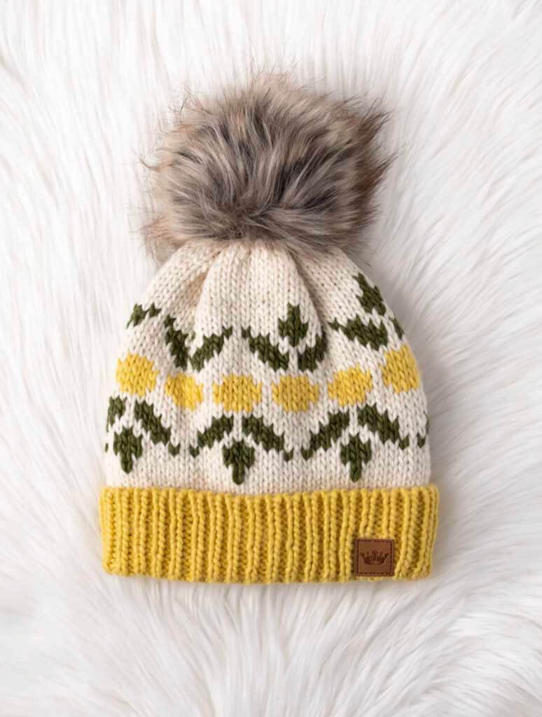 Ivory & Yellow Lemon Patterned Pom Hat