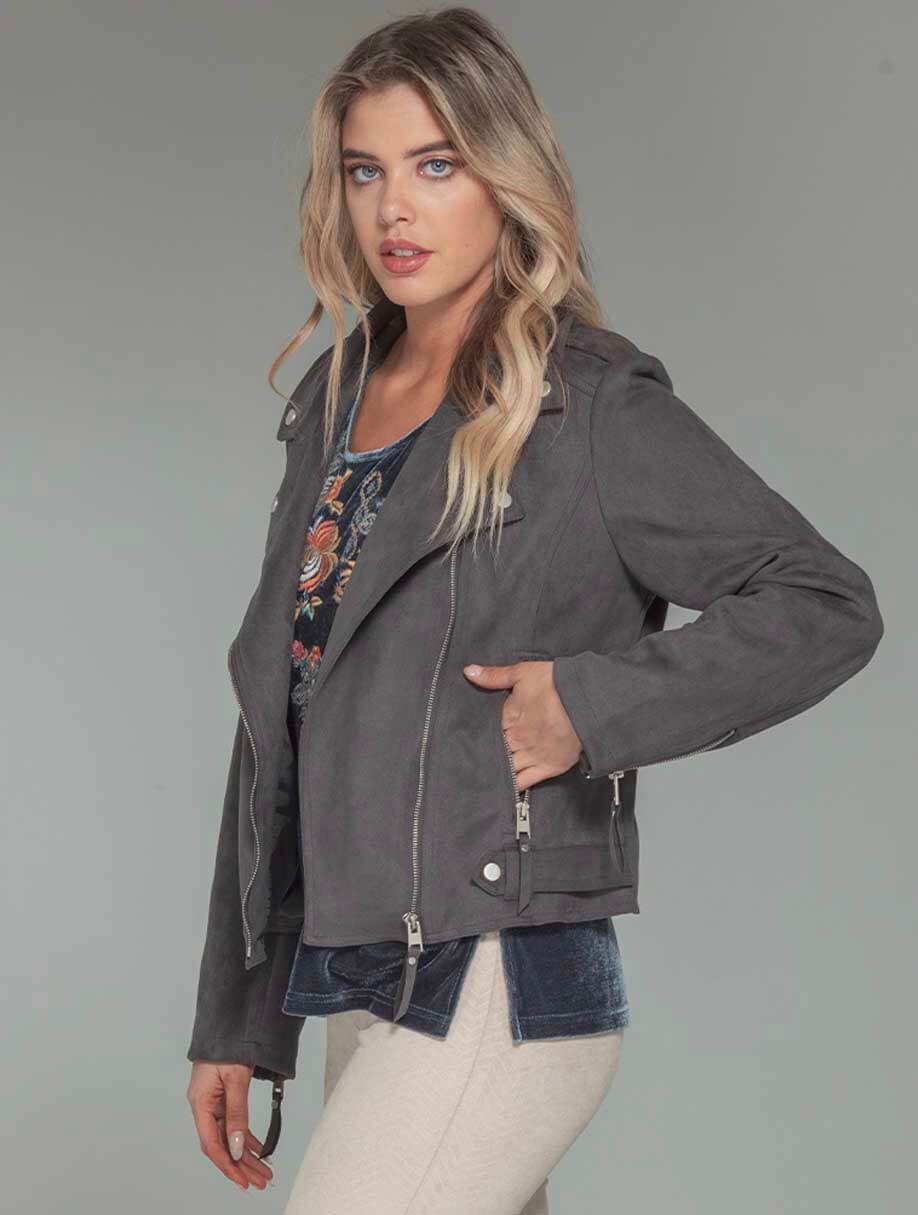 Faux Suede Moto Jacket in Charcoal