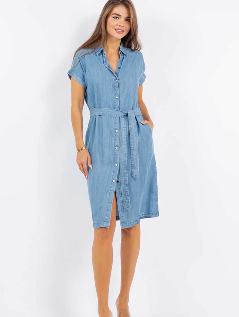 Tencel Denim Short Sleeve Dress in Light Wash