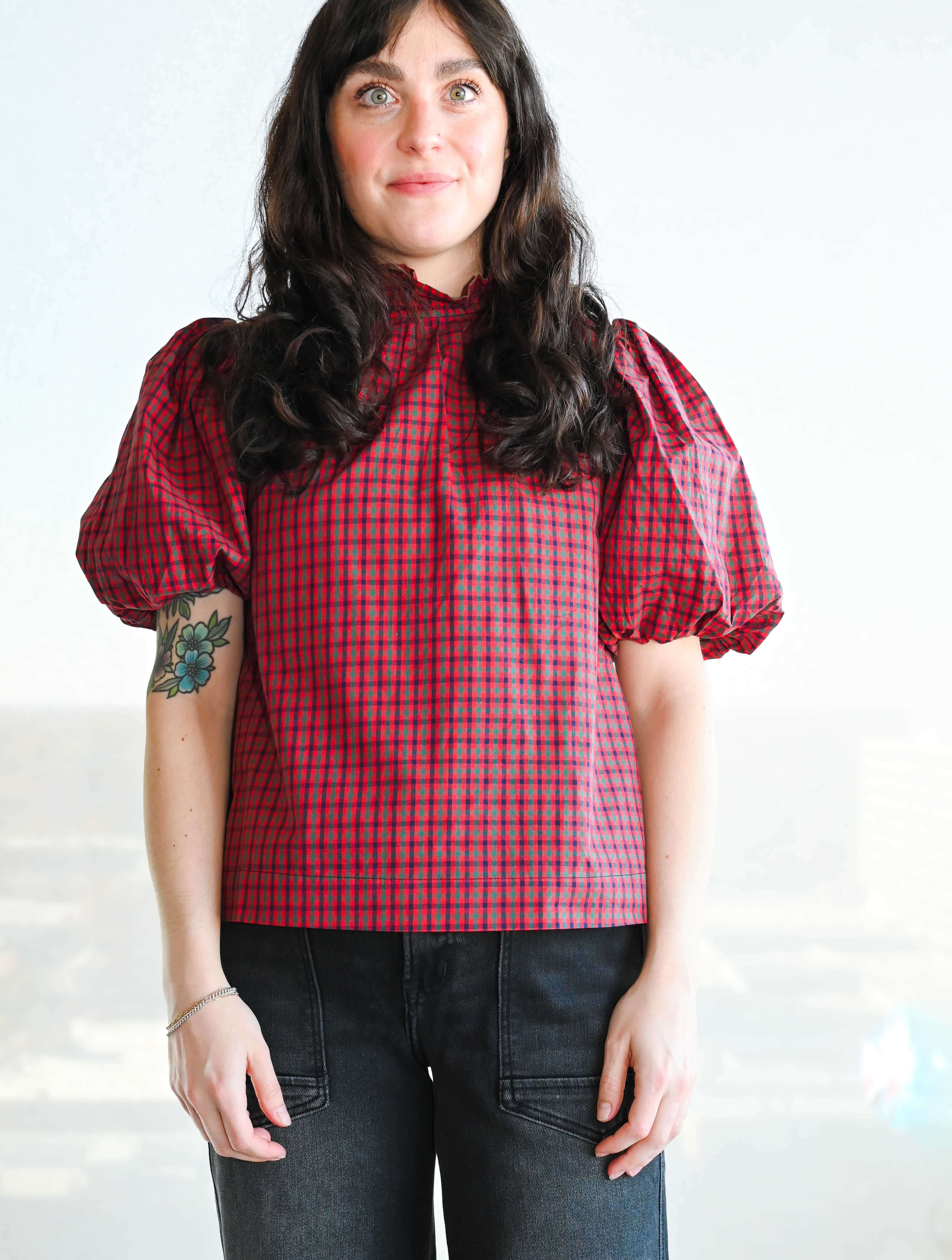 Plaid Ruffle Mock Neck Blouse
