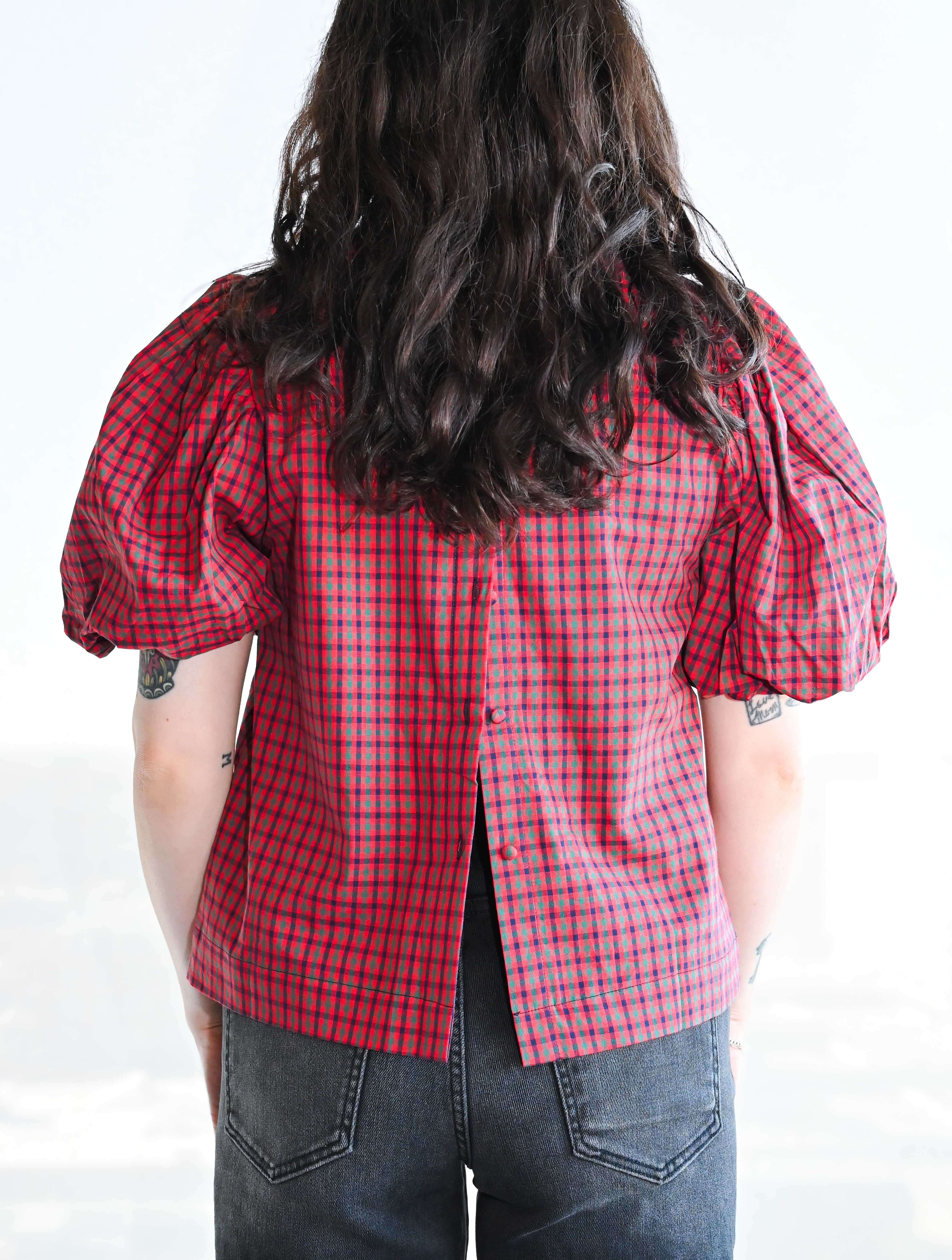 Plaid Ruffle Mock Neck Blouse