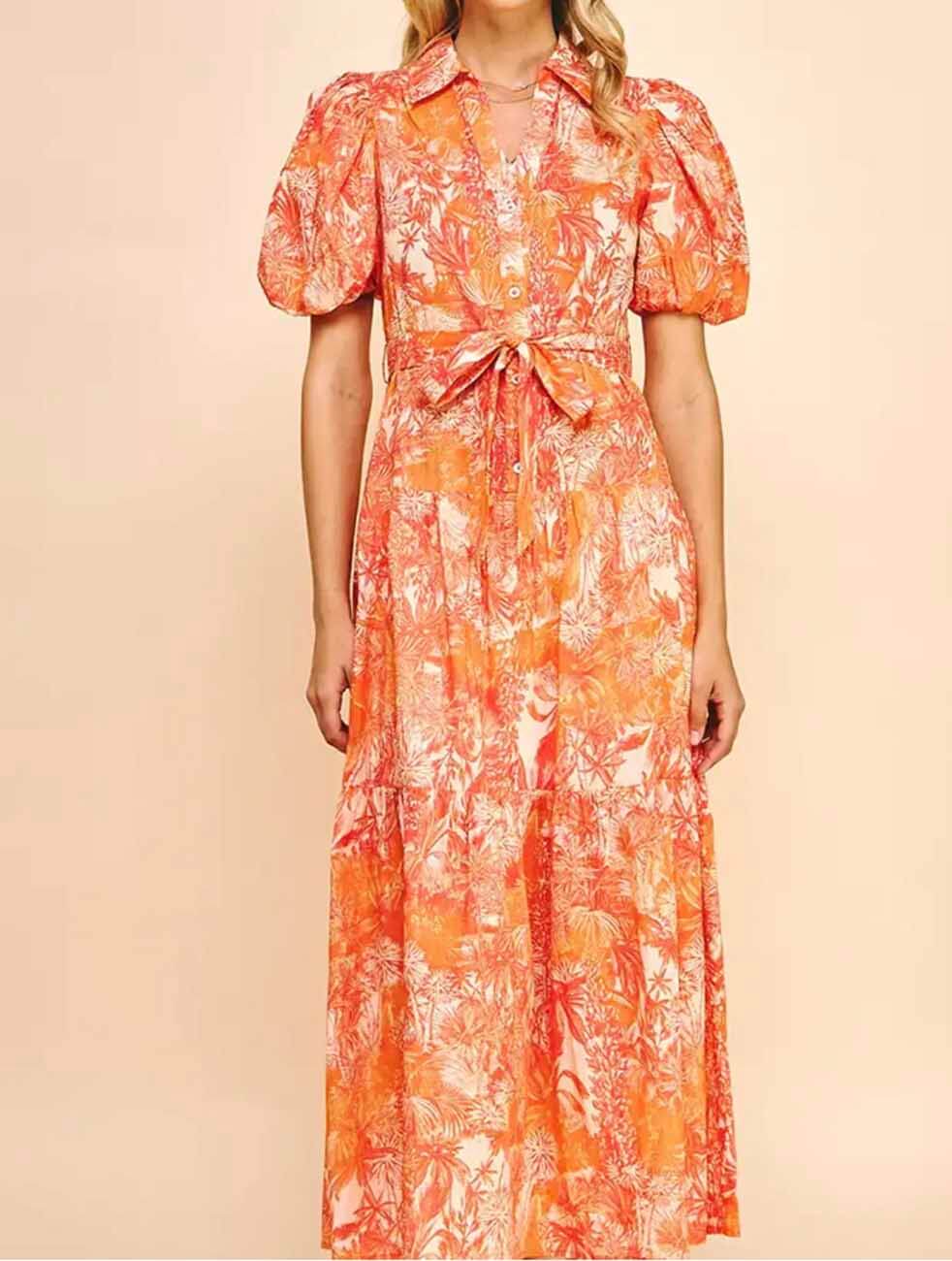 Printed Button Down Maxi Dress in Orange Multi