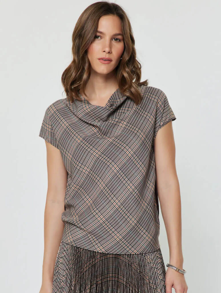 Plaid Cowl Neck Top