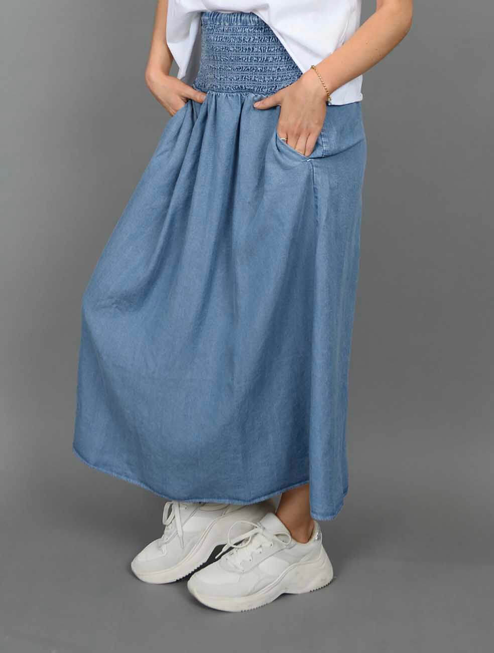 Suzanne Tencel Shirred Skirt in Mid Blue