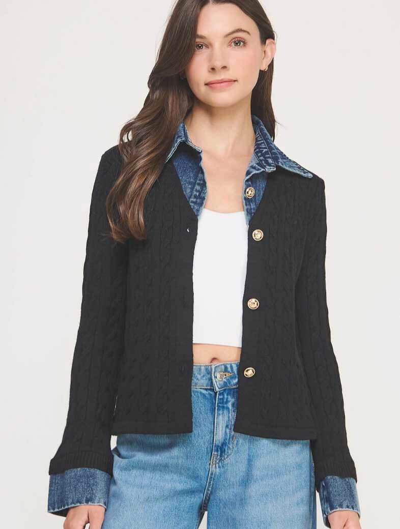 Mixed Media Denim Mix Sweater Cardigan