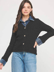 Mixed Media Denim Mix Sweater Cardigan