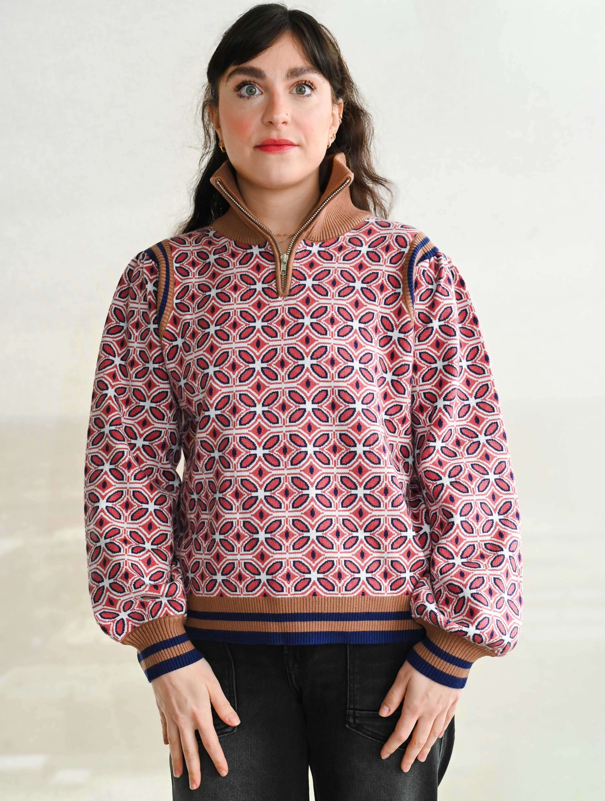 Zippered High Neck Striped Rib Band Sweater