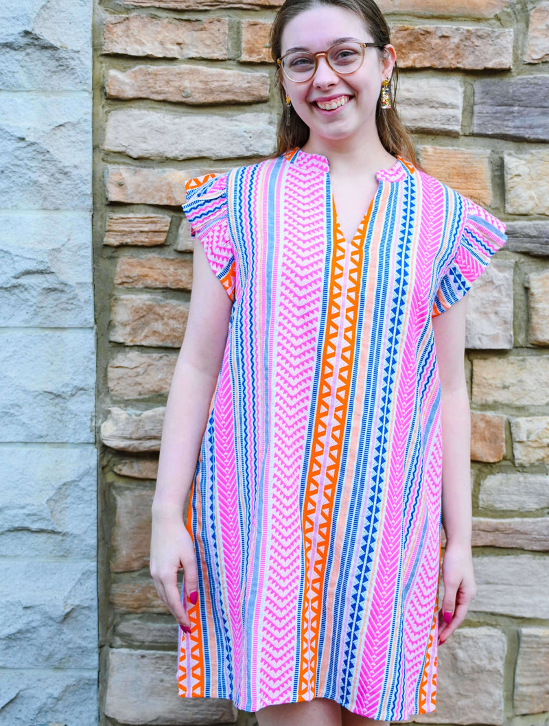 Flutter Sleeve Pattern Dress in Multi Color