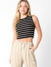 High Neck Stripe Sweater Tank in Black/Khaki