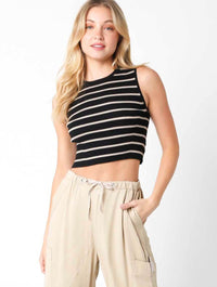 High Neck Stripe Sweater Tank in Black/Khaki