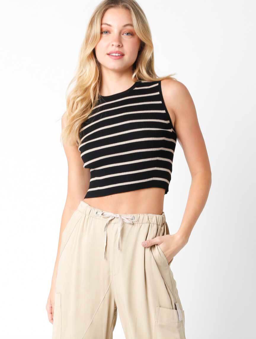 High Neck Stripe Sweater Tank in Black/Khaki