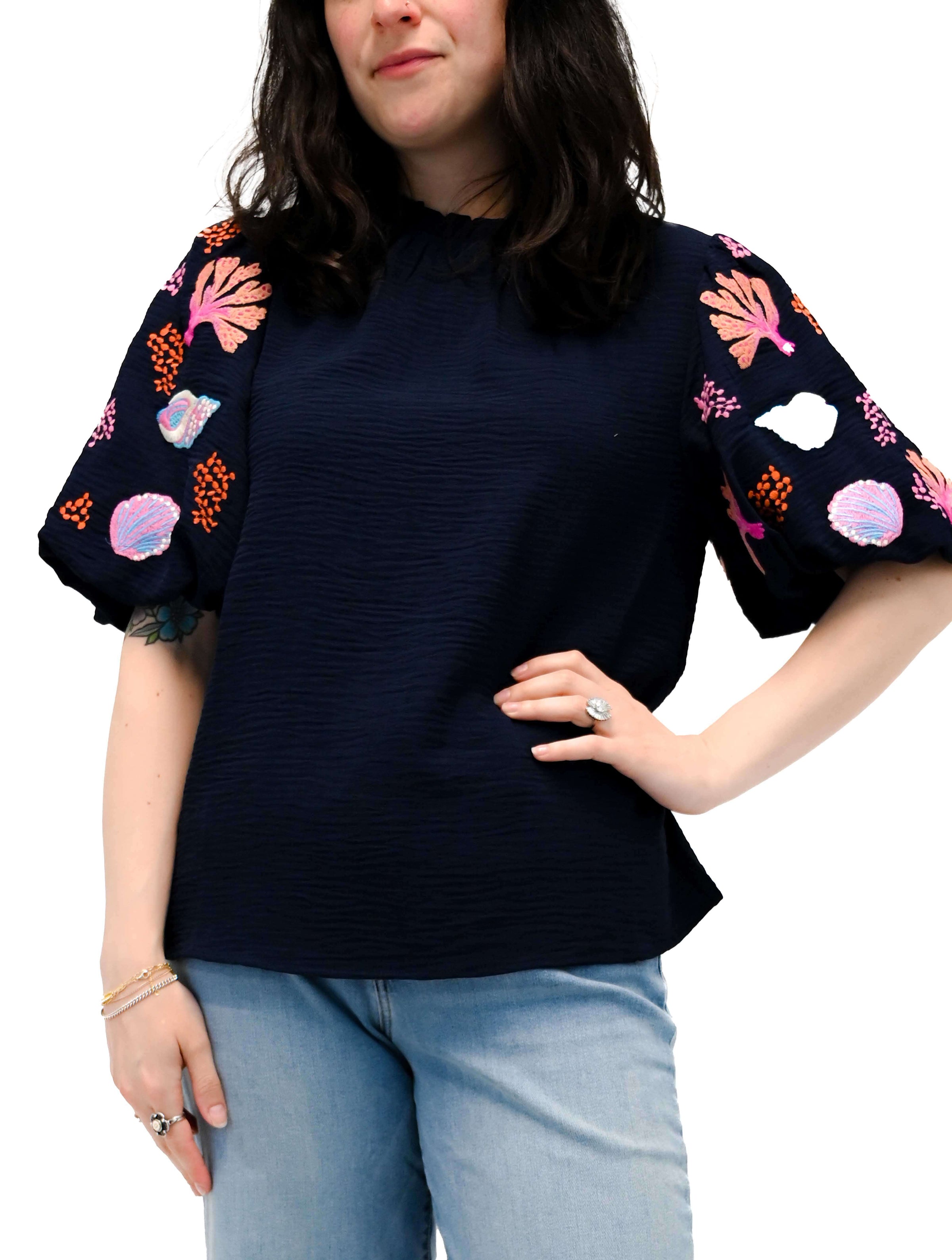 Embroidered Puff Sleeve Top in Navy