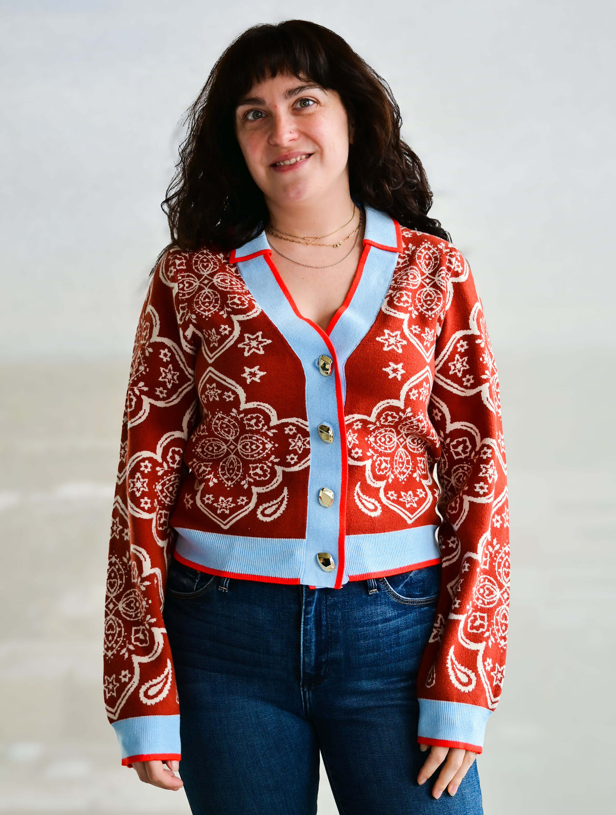V-Neck Geometric Pattern Button Cardigan